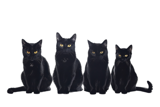Four elegant black cats posing in a row against a bright white background, showcasing their unique personalities and shiny fur isolated on transparent background