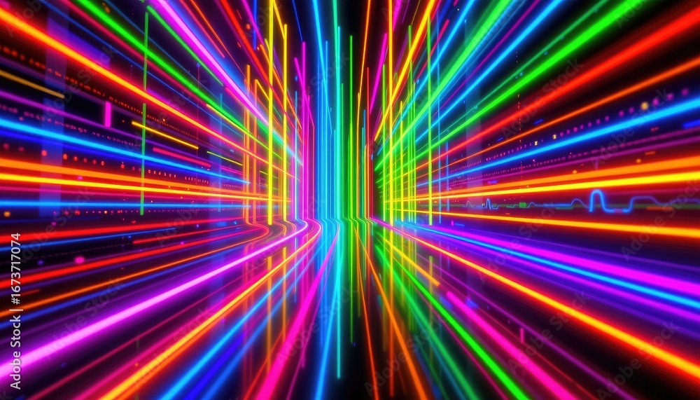Poster abstract neon lines with vibrant colors creating dynamic energy pathway in a digital landscape