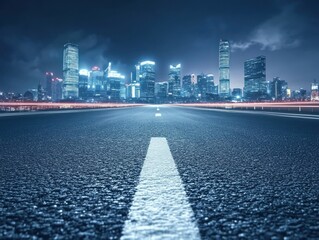 Obraz premium Empty highway leading into a vibrant city at night