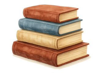 Watercolor illustration of a stack of books, png image.
