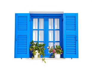 Blue window with flowers