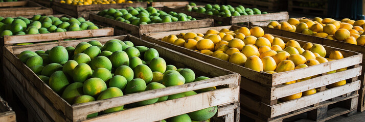 Crates filled with ripe mangoes in a storage area Generative AI