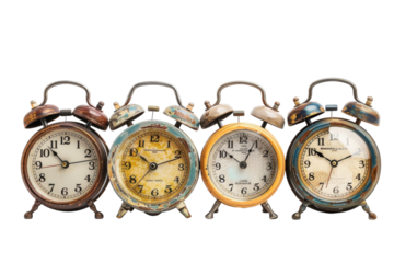 Vintage alarm clocks in a charming arrangement showcasing the passage of time and nostalgic aesthetics in soft lighting isolated on transparent background
