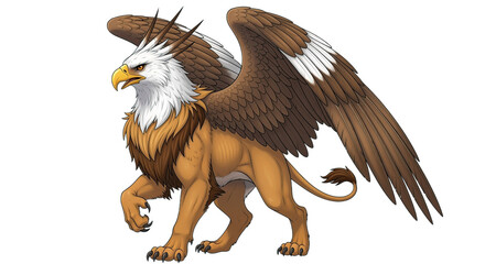 Obraz premium Detailed Griffin Illustration with Brown and White Plumage Lion Body and Eagle Head on Transparent Background