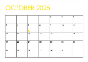 October 2025 month calendar - Sunday to Saturday format. Simple yellow, black and white color and yellow ribbon symbol for the fight to return hostages held by Hamas in Gaza