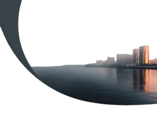 City skyline with water reflection and abstract frame on the left side isolated on transparent background