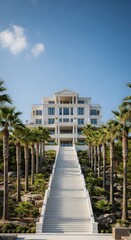 Fototapeta premium Majestic grand staircase leads to luxurious white building under a clear blue sky surrounded by palms