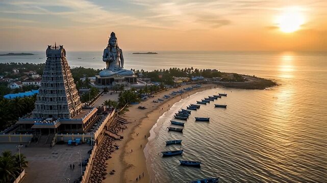 Idyllic Shoreline Scenery Featuring Temple and Statue Along Calm Tropical Beach at Sunset in South Indian Ocean