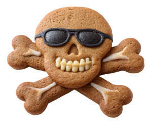 Skull crossbones gingerbread cookie sunglasses pirate holiday dessert sweet icing gingerbread cookie shaped like skull and crossbones with sunglasses and icing details creating playful and festive