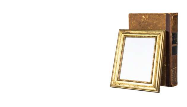 Gold Picture Frame Leaning Against Stack of Old Books.