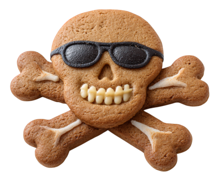 Skull crossbones gingerbread cookie sunglasses pirate holiday dessert sweet icing gingerbread cookie shaped like skull and crossbones with sunglasses and icing details creating playful and festive