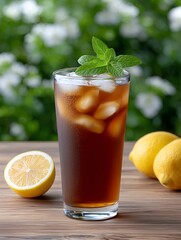 Close-up of a crystal-clear glass of iced lemon tea with condensation, sunlight shining through, fresh mint leaves floating on top, rustic wooden table background, refreshing summer drink vibe