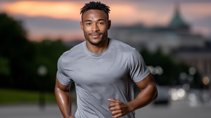 Man running in athletic gear during sunset in an urban park setting