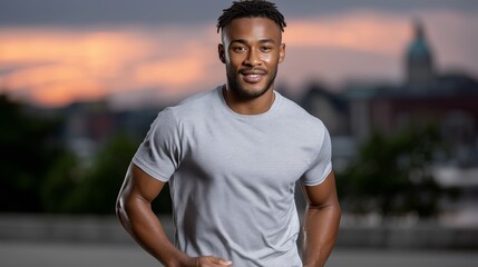 Dynamic photo of athletic man running on city street at sunrise, sweat glistening on skin, vibrant orange and pink sky, urban active lifestyle concept 