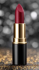 Luxury lipstick in matte crimson red casing with gold metallic edge, lipstick tip exposed in a rich ruby shade, standing upright on glossy black acrylic surface, scattered golden glitter around 