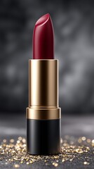 Red lipstick stands elegantly on a textured surface with sparkling details