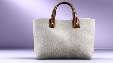 Luxury fashion product shot, beige canvas tote bag with leather handles, standing upright on pastel lilac background