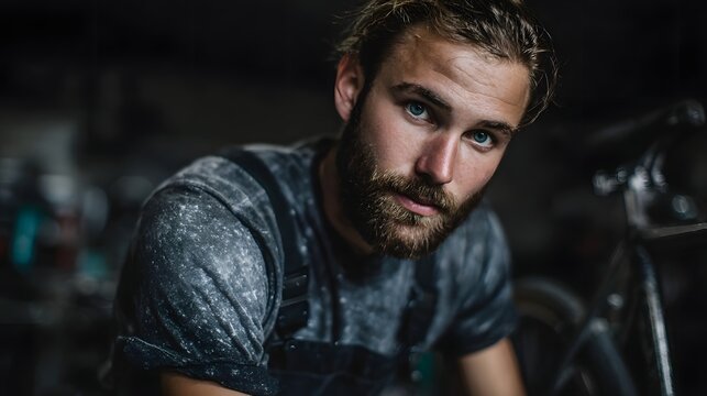 A bearded man in overalls repairing an old bicycle with tools in a workshop setting  long title A focused bearded man in overalls intently repairing