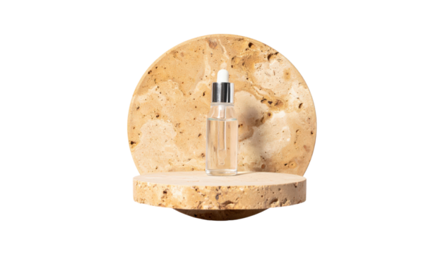 Serum Bottle on Cork Platform for Natural Skincare Presentation.
