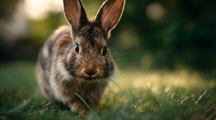 Fototapeta premium A rabbit hopping on soft grass in a natural setting long title A rabbit with alert ears and a fluffy brown coat hopping across a lush grassy meadow