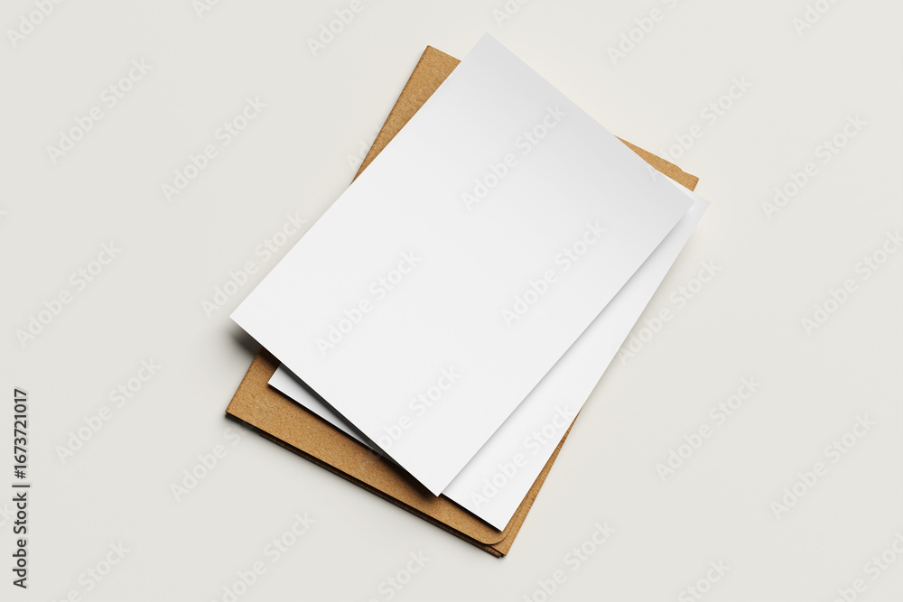 Poster Blank A4 mockup on top of a realistic brown folder or envelope isolated on a gray background. Blank paper with a folder. 3D rendering template