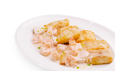 Delicious seafood dish with shrimp and crispy plantains served on a plate