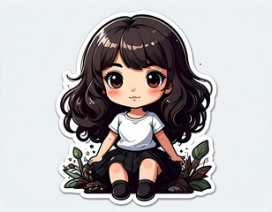 Adorable Chibi Girl with Flowers Cartoon Sticker