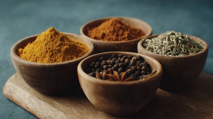 Aromatic assortment of spices in rustic wooden bowls presented on wood