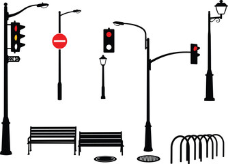 Urban street silhouette set, traffic lights, stop sign, lamppost, benches, bike rack, city vector illustration, black and white design, road elements, public space