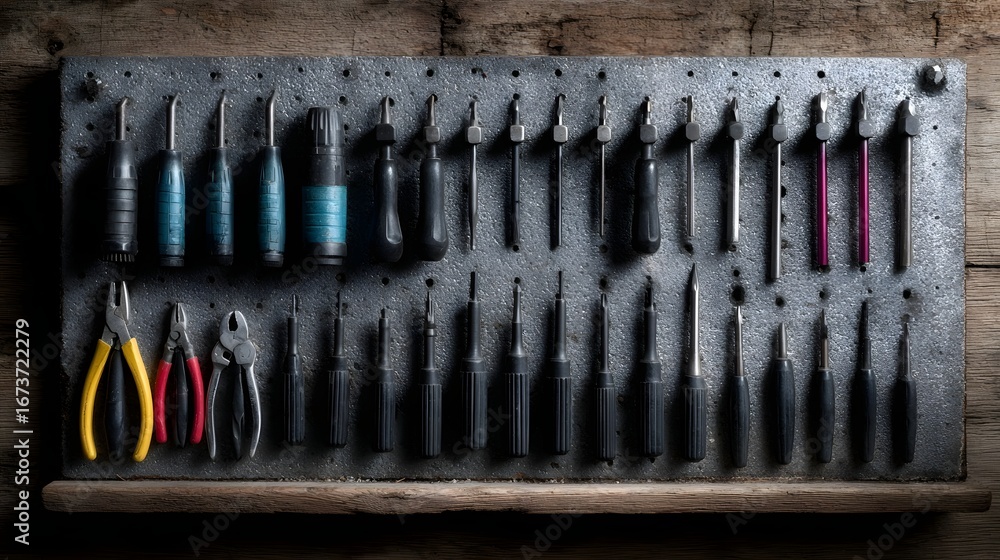 Poster assorted screwdrivers and pliers lined up on a toolboard in an organized workspace