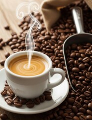 Fototapeta premium Steaming Cappuccino in White Cup Surrounded by Coffee Beans on Wooden Surface