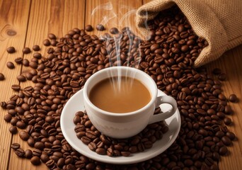 Fototapeta premium Steaming Cappuccino in White Cup Surrounded by Coffee Beans on Wooden Surface