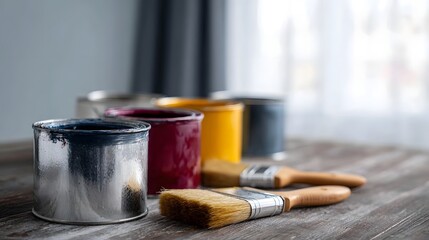 Paint cans and brushes arranged for room renovation project