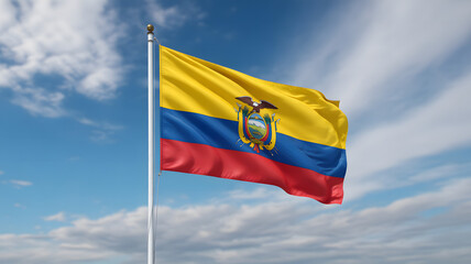 Ecuadorian flag waving proudly in the wind against a bright blue sky with fluffy white clouds, national pride