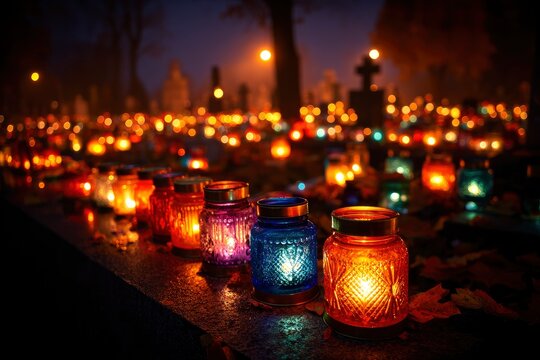 Illuminated candle lanterns adorn a cemetery row casting vibrant light against the dark backdrop of grave markers