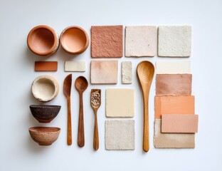 Earthy-toned handcrafted bowls, spoons, and tiles arranged aesthetically
