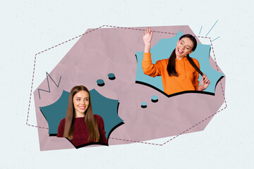3d image sketch art full zine photo collage of happy girl guy stand bubble communication chat...