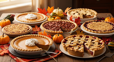 An assortment of pies including pumpkin pecan apple and cherry on a wooden table with fall decor ai generated