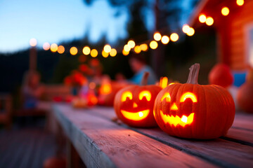Carved Pumpkin Lanterns Glowing on a Spooky Halloween Night