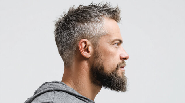 Profile portrait of a mature man with gray hair and beard, representing masculinity and style.