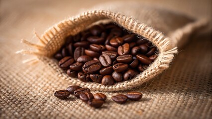 Fototapeta premium Close up of roasted coffee beans spilling out of a burlap sack onto a textured surface
