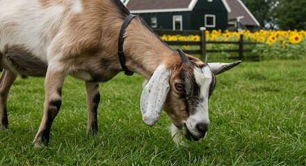 Obraz premium Goat Grazing in a Sunflower Field.