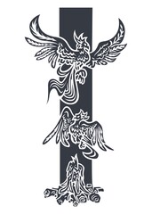 Phoenix Mythology Linocut Style Icon Set. A digitized linocut-style illustration depicting the mythological cycle of a phoenix.