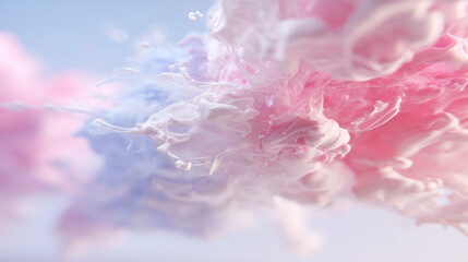 Pink and blue ink mixing in water creating abstract shapes