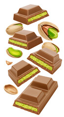 Milk chocolate with pistachio filling and whole pistachio nuts, detailed close-up of confectionery ingredients, perfect for dessert and snack visuals