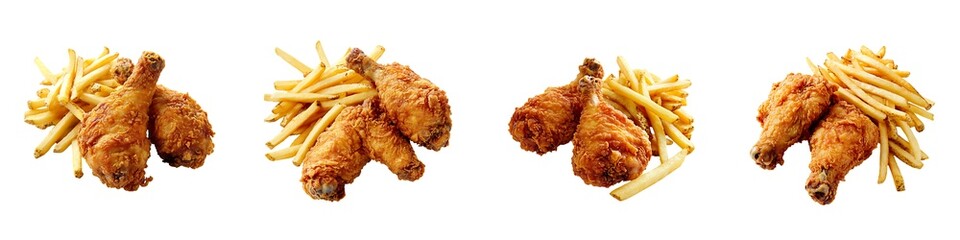 Set of fried chicken and fries isolated on transparent background