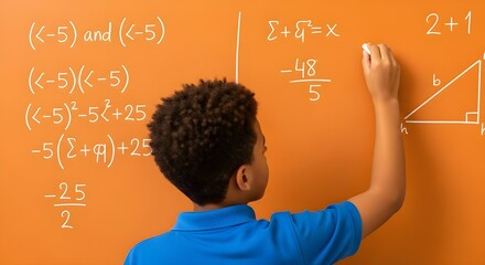 A young student diligently solves math problems on a bright orange chalkboard, learning fundamental concepts.