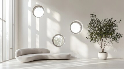 Modern minimalist interior with a curved couch and a potted plant.