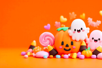 Obraz premium Spooky Halloween Border Filled with Pumpkins Ghosts and Sweet Treats