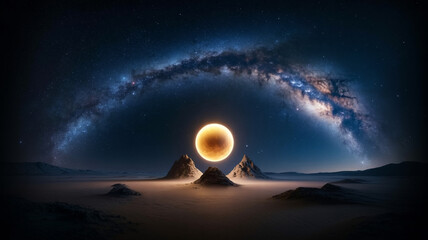 Stunning milky way galaxy over desert landscape with glowing orb, perfect for cosmic adventures and space exploration